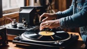 A person playing a vinyl record on a turntable in a vintage music setting