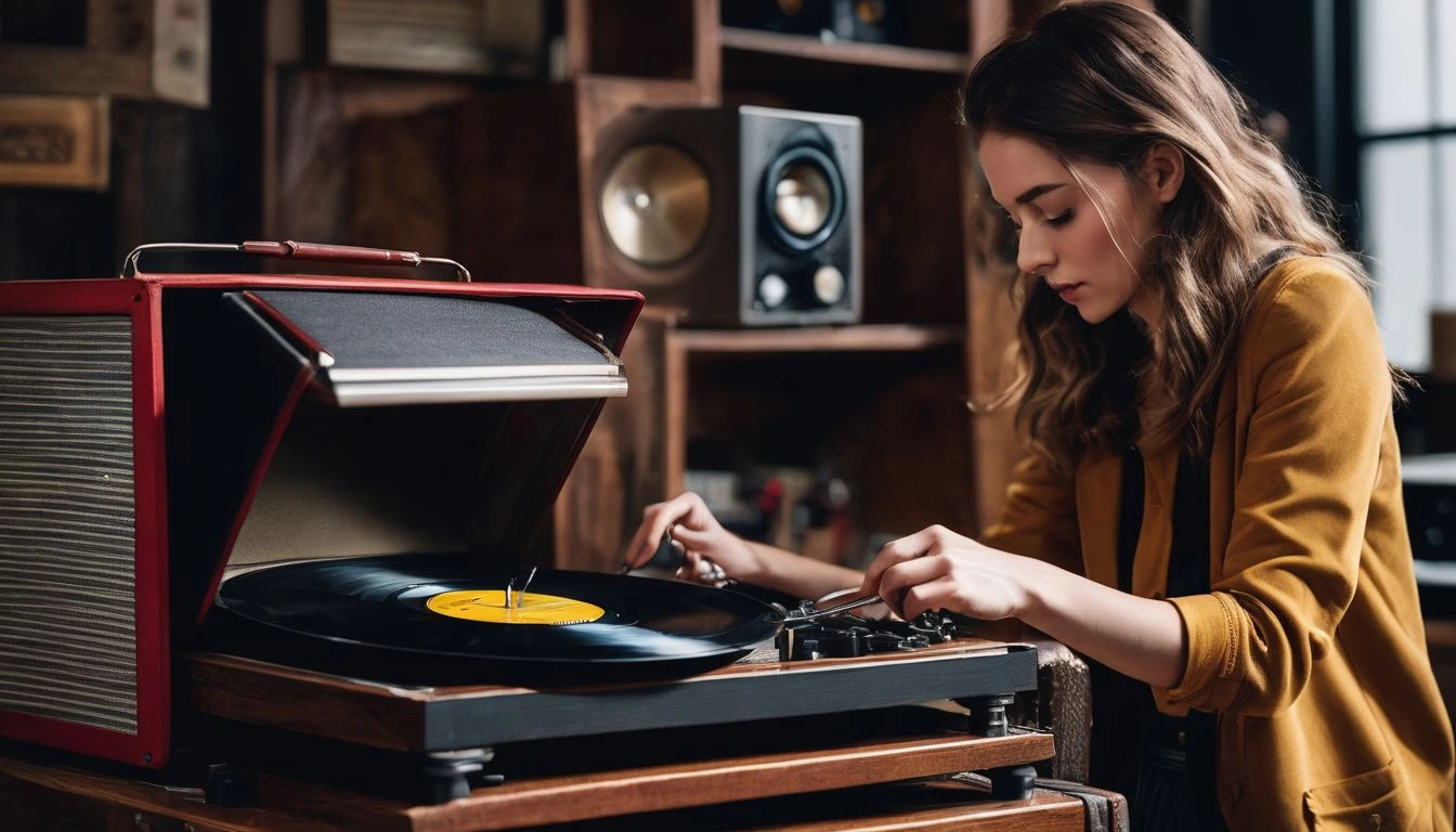 A person lifting a needle from a vinyl record in a vintage music setup.