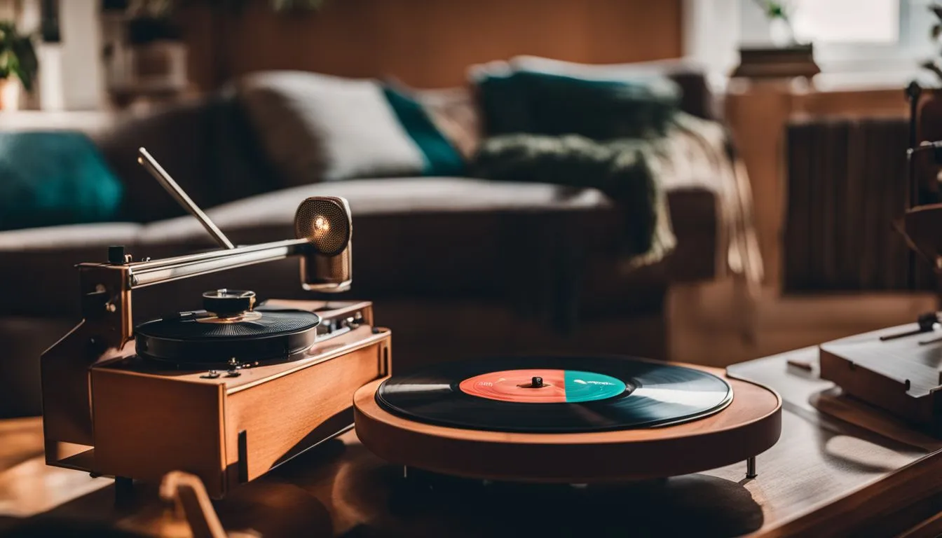 A vintage record player spinning in a retro living room.