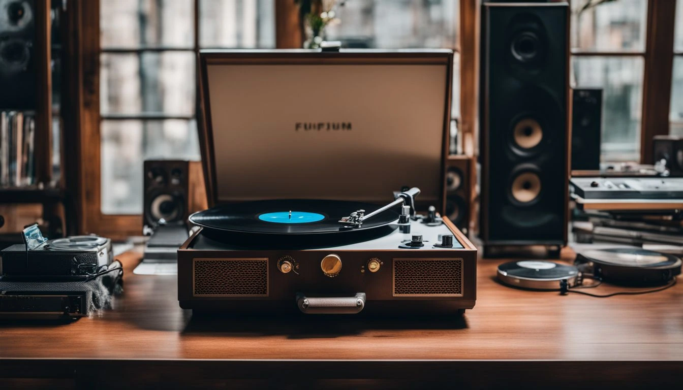 A vintage record player with vinyl records and speakers in a bustling atmosphere.