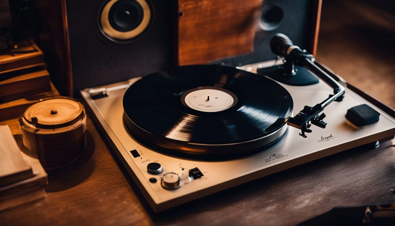 A spinning vinyl record on a vintage turntable in a cozy room.