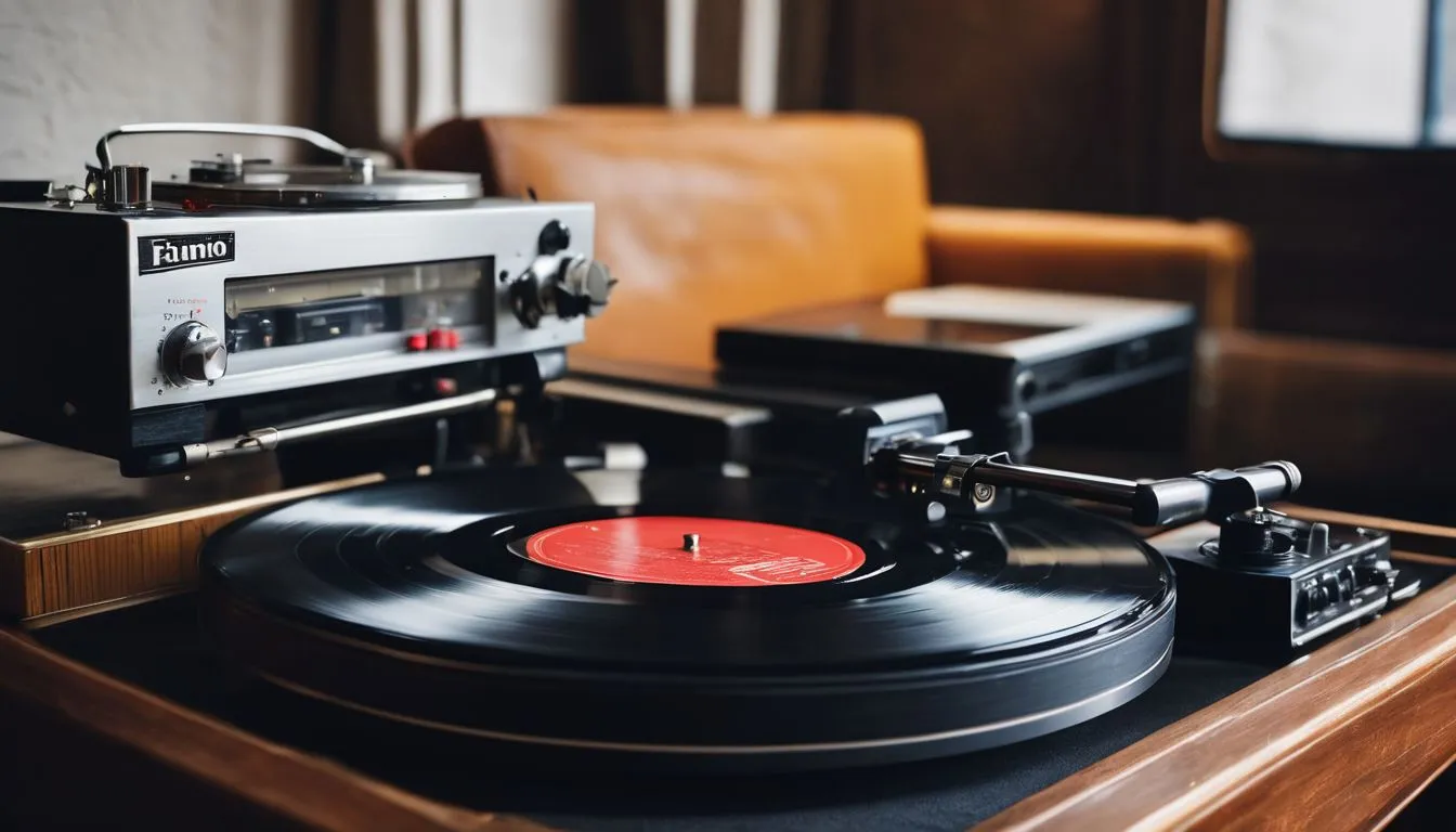 A collection of classic vinyl records spinning on a vintage turntable.
