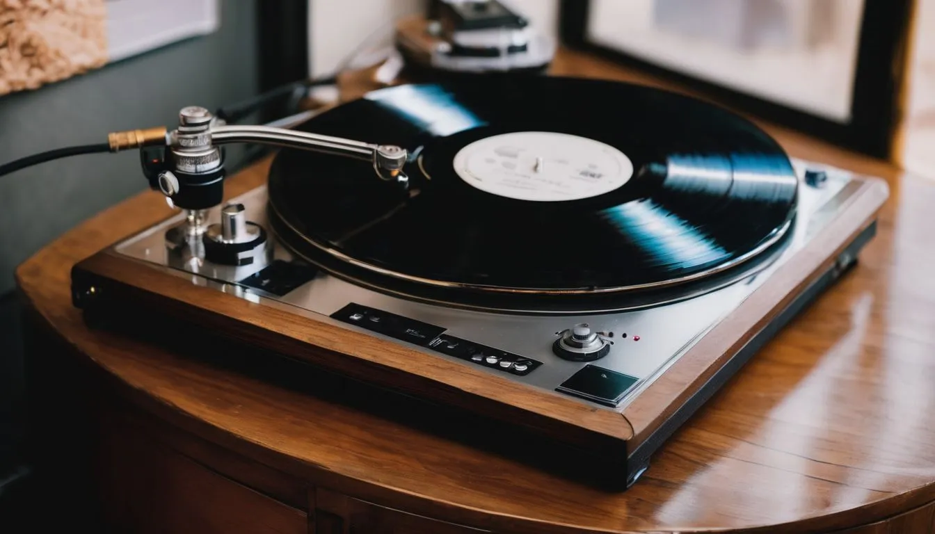 A vintage turntable surrounded by classic albums in a bustling atmosphere