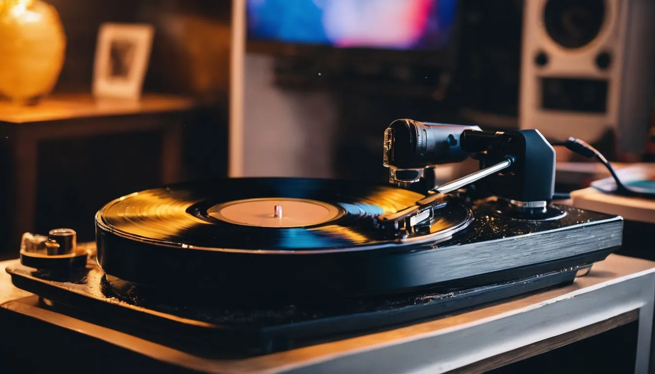 A photo of vinyl record player and a water splash