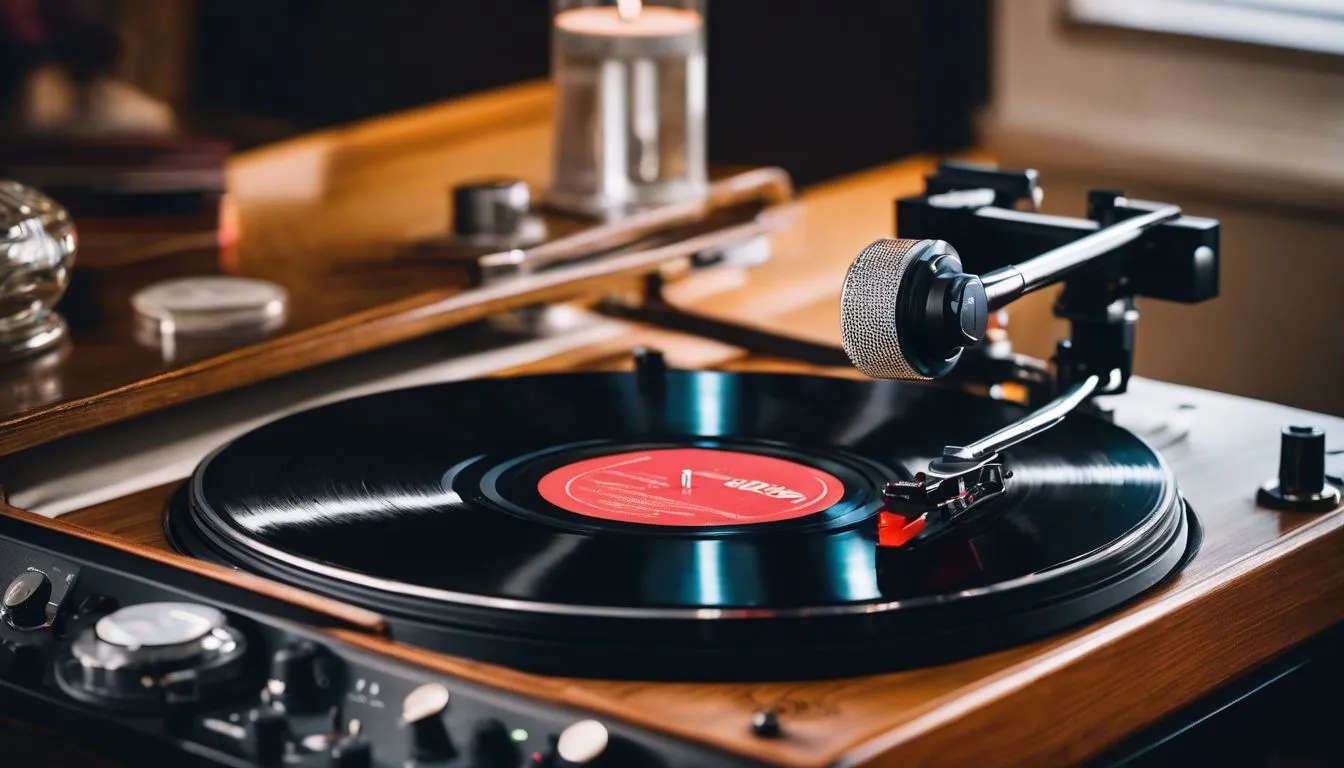 A vintage turntable with a spinning vinyl record surrounded by music decor.